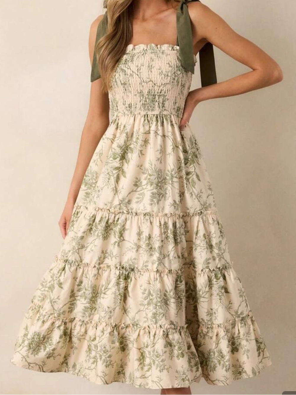 SHEIN Smocked Floral Midi Dress with Tie Straps - Cream & Green